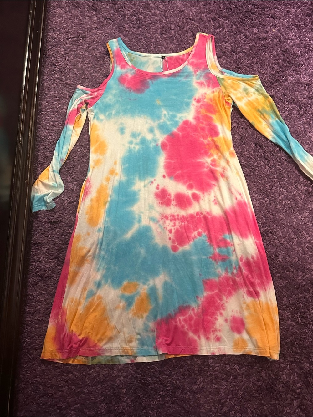 Tie-Dye Cold-Shoulder Dress in Blue, Pink & Yellow Size L